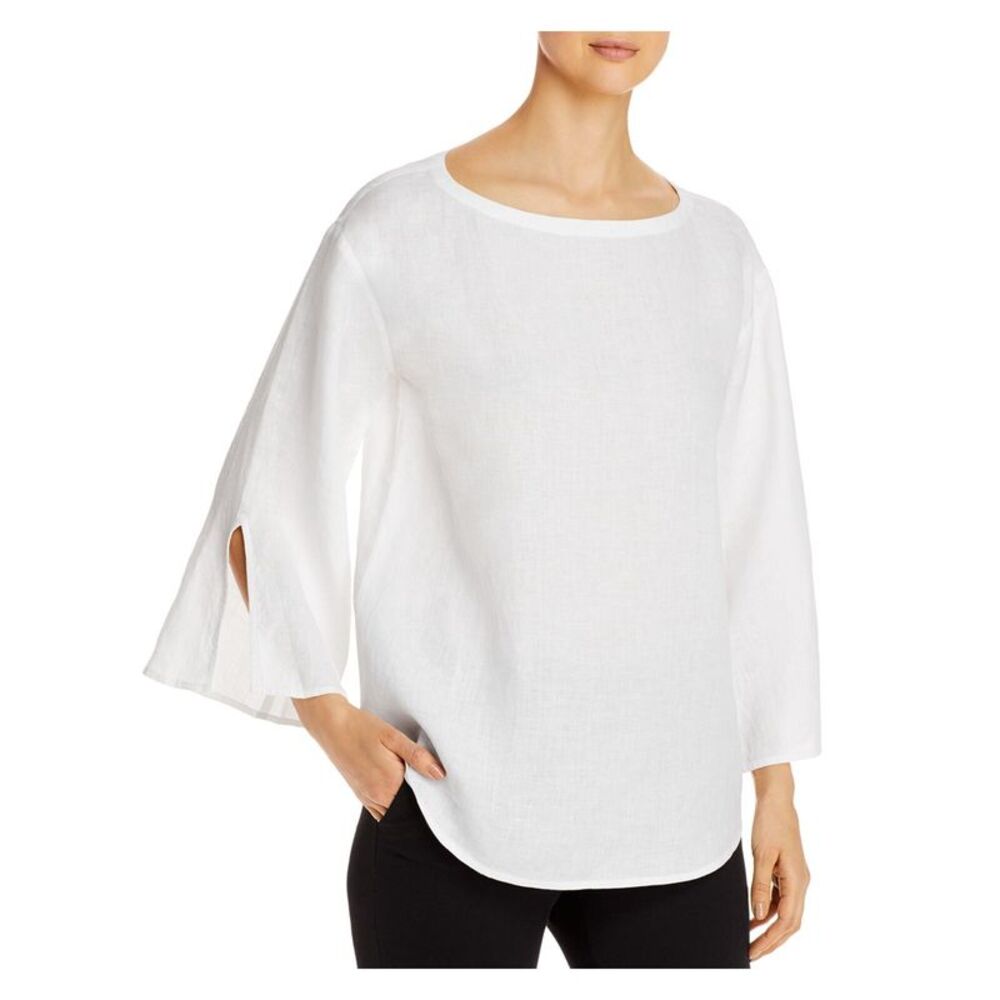 EILEEN FISHER Womens White Slitted Bell Sleeve Boat Neck Blouse XXS